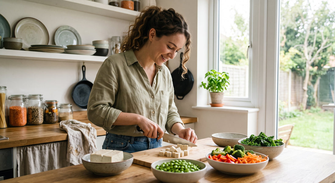 Woman preparing a meal with soya-based foods to support natural menopause relief