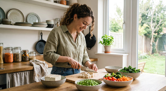 Woman preparing a meal with soya-based foods to support natural menopause relief