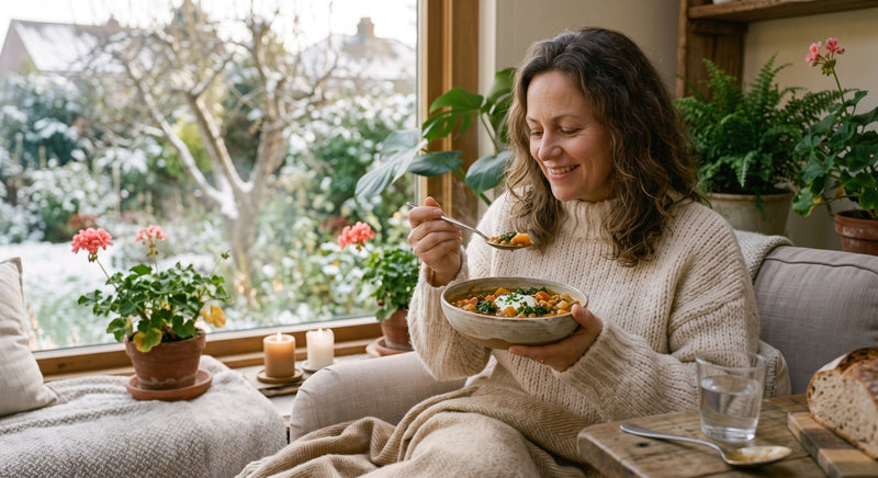 Woman enjoying a balanced winter meal to help manage carb cravings