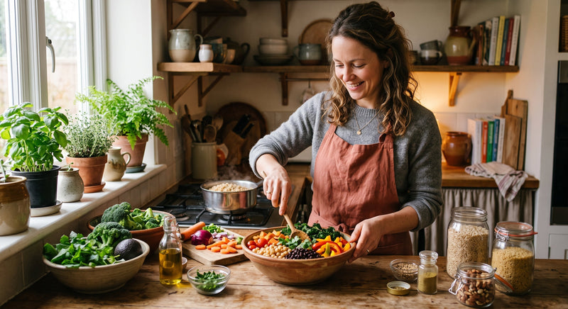 Woman preparing a fibre-rich meal to help manage fibroids naturally
