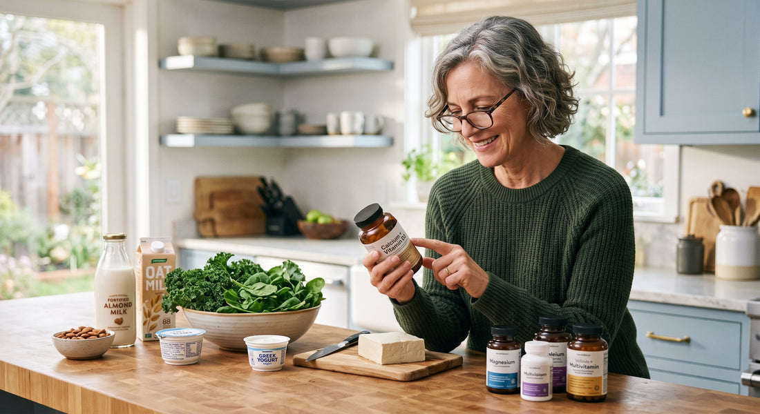 Woman reading a supplement label, checking calcium form for bone health