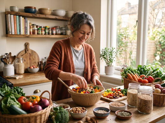 Woman preparing a nutrient-rich meal to support perimenopause