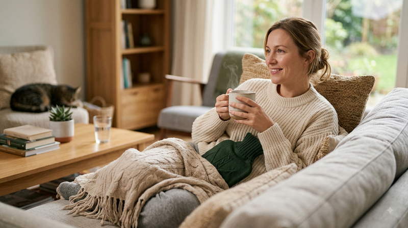Woman relaxing at home while managing symptoms of heavy periods