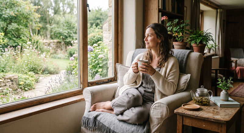 Woman relaxing with herbal tea, representing natural stress support