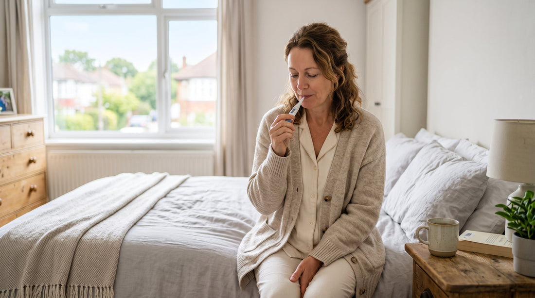 Woman checking her temperature in the morning as part of a thyroid health check