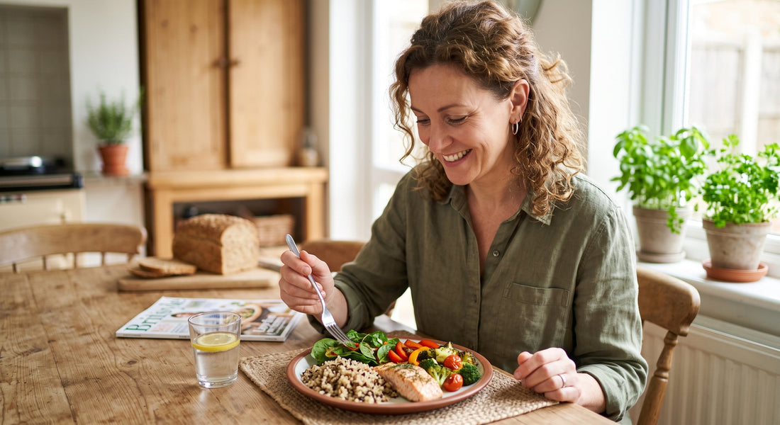 Balanced low-GI meal with wholegrains, vegetables and protein for blood sugar support