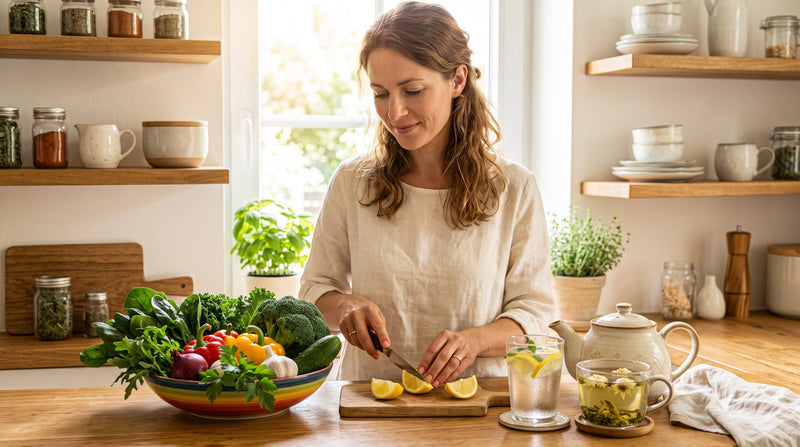 Fresh vegetables and lemon water representing liver-friendly food choices