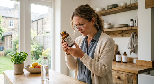 Woman reading a supplement label to check ingredient quality