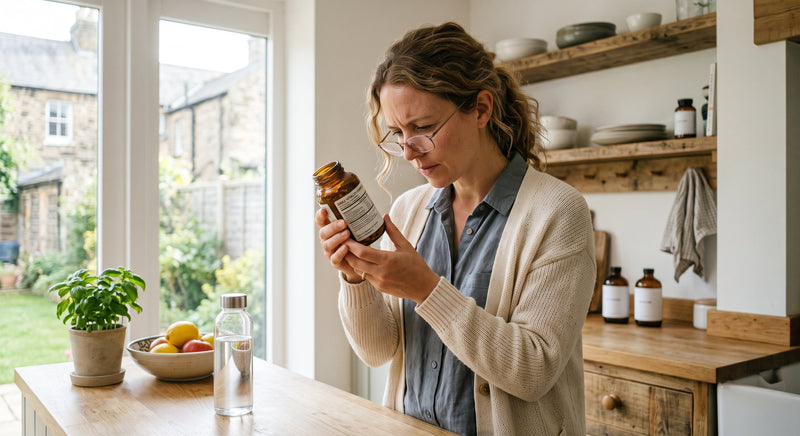 Woman reading a supplement label to check ingredient quality