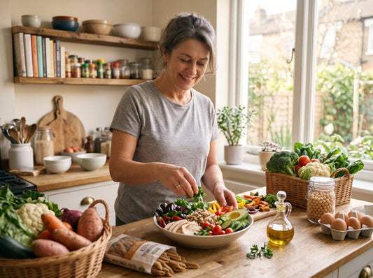 Woman preparing a low-GI meal to help manage PCOS symptoms