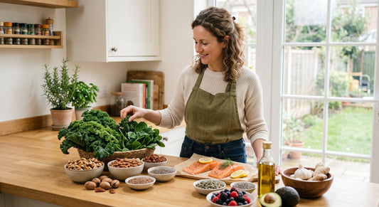 Anti-inflammatory foods including nuts, seeds, oily fish and leafy greens on a kitchen counter