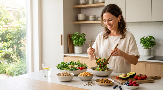 Woman preparing a balanced meal with fibre-rich foods and water