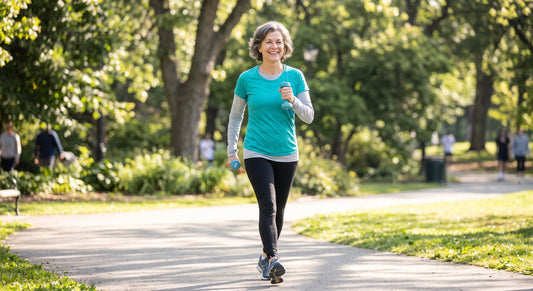 Woman doing weight-bearing exercise outdoors to support bone density