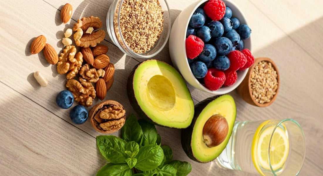 citrus fruit, bilberries, and soft natural lighting to visually reinforce the vitamin C and antioxidant